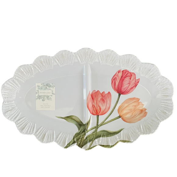 Shabby Chic MELAMINE Pink Tulips Flowers Spring 15" Serving Tray Platter NEW - Picture 1 of 6